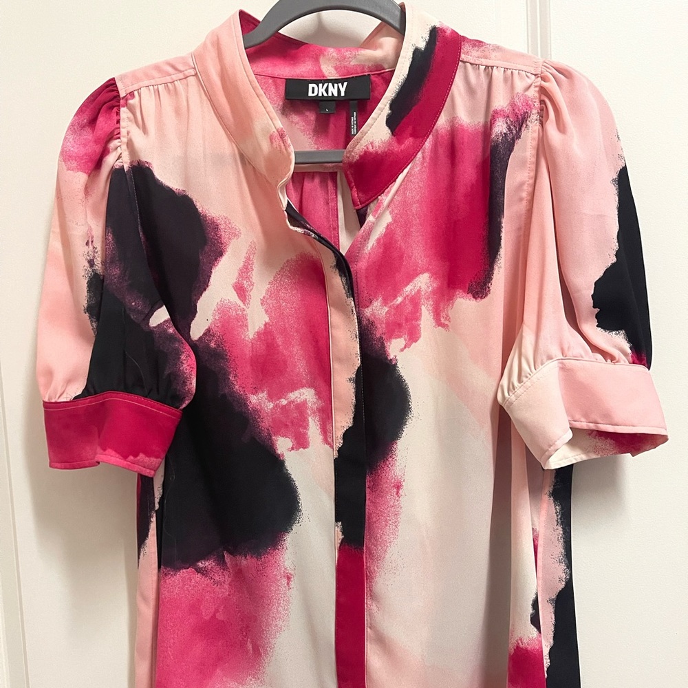 DKNY women’s blouse, multi color pink and black, high collar